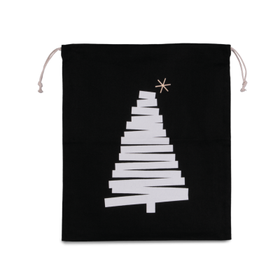 Cotton bag with Christmas tree design and drawcord closure.